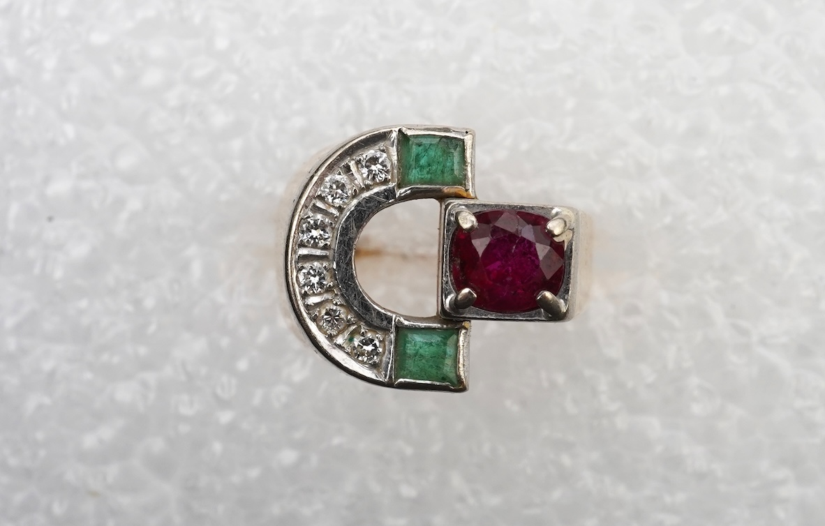 A ruby, emerald and diamond ring, mid 20th century